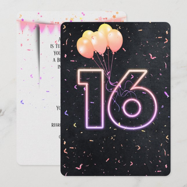 16th Birthday Neon Sign On Black Invitation (Front/Back)
