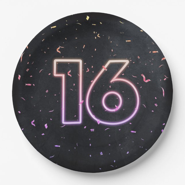 16th Birthday Neon Sign On Black Paper Plate (Front)