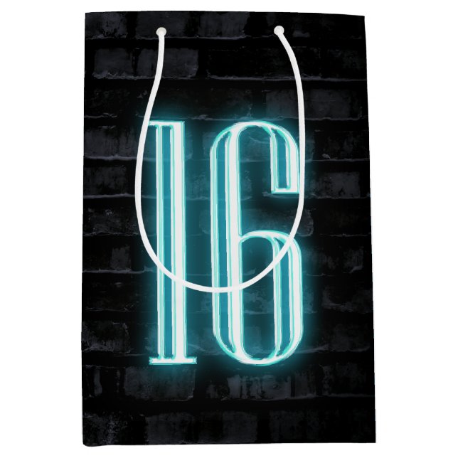 16th Birthday Neon Sign on Brick Medium Gift Bag (Front)