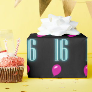 16th Birthday Neon Sign with Balloon Wrapping Paper