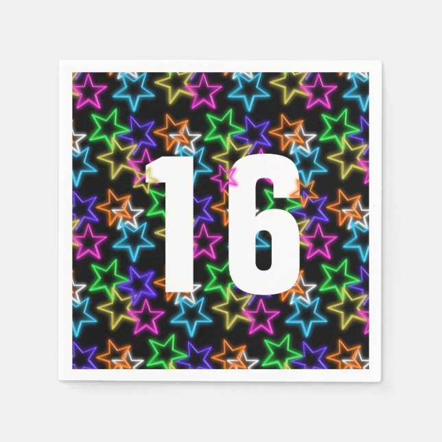 16th Birthday Neon Stars On Black   Napkin (Front)