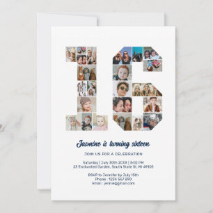 16th Birthday Number 16 Custom Photo Collage Invitation