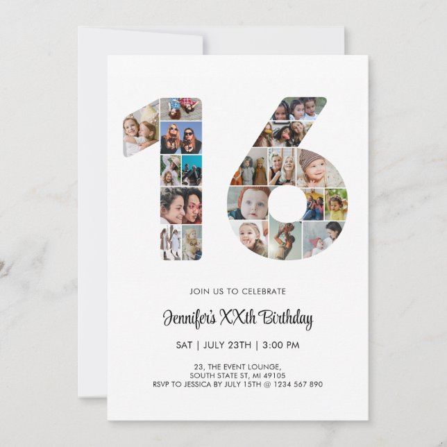 16th Birthday Number 16 Custom Photo Collage Invitation (Front)