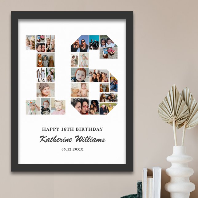 16th Birthday Number 16 Custom Photo Collage Poster (Creator Uploaded)