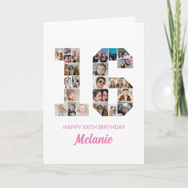 16th Birthday Number 16 Photo Collage Personalised Card (Front)