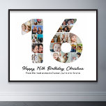 16th Birthday Number 16 Photo Collage Picture Poster<br><div class="desc">Mark sixteen years of wonderful memories and adventures with this captivating 16th Birthday Number Photo Collage. This customisable template is the perfect blend of creativity and sentiment, allowing you to create a truly memorable gift for your loved one's special day. Capture the essence of ten incredible years in a single...</div>