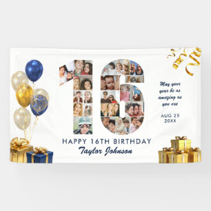 16th Birthday Number 16 Photo Collage White Gold Banner