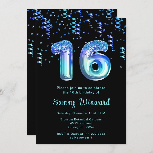 16th Birthday Ocean Balloons with Confetti Invitation (Front/Back)