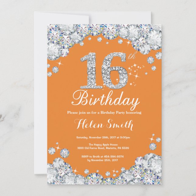 16th Birthday Orange and Silver Diamond Invitation (Front)