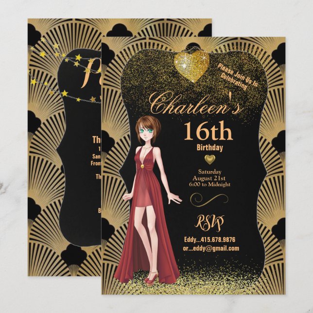 16th Birthday Party Art Deco Gatsby Girl Invitation (Front/Back)