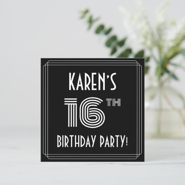 16th Birthday Party: Art Deco Style w/ Custom Name Invitation (Standing Front)