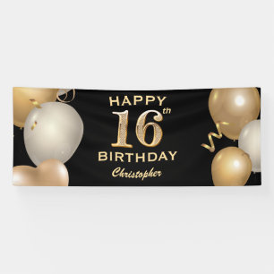 16th Birthday Party Black and Gold Balloons Banner