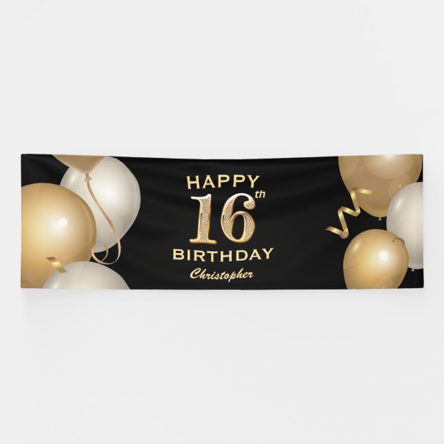 16th Birthday Party Black and Gold Balloons Banner (Horizontal)