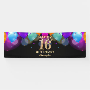 16th Birthday Party Black and Gold Balloons Banner