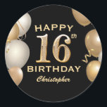 16th Birthday Party Black and Gold Balloons Classic Round Sticker<br><div class="desc">16th Birthday Party Black and Gold Balloons and Confetti Sticker. For further customisation,  please click the "Customise it" button and use our design tool to modify this template.</div>