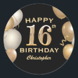 16th Birthday Party Black and Gold Balloons Classic Round Sticker<br><div class="desc">16th Birthday Party Black and Gold Balloons and Confetti Sticker. For further customisation,  please click the "Customise it" button and use our design tool to modify this template.</div>