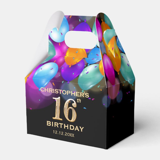 16th Birthday Party Black and Gold Balloons Favour Box (Front Side)