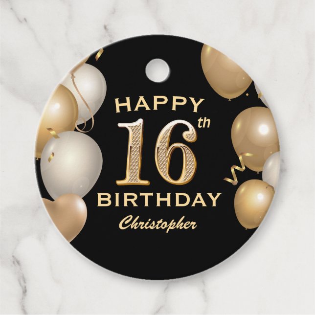 16th Birthday Party Black and Gold Balloons Favour Tags (Front)