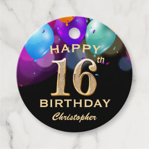 16th Birthday Party Black and Gold Balloons Favour Tags