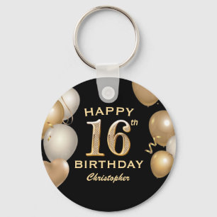 16th Birthday Party Black and Gold Balloons Key Ring