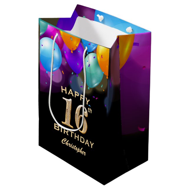 16th Birthday Party Black and Gold Balloons Medium Gift Bag (Front Angled)