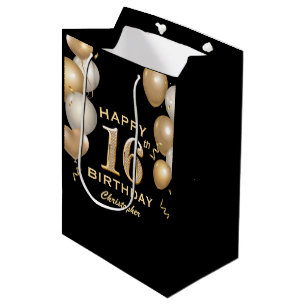 16th Birthday Party Black and Gold Balloons Medium Gift Bag