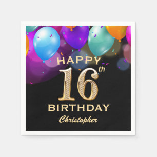 16th Birthday Party Black and Gold Balloons Napkin