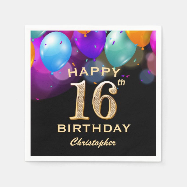 16th Birthday Party Black and Gold Balloons Napkin (Front)