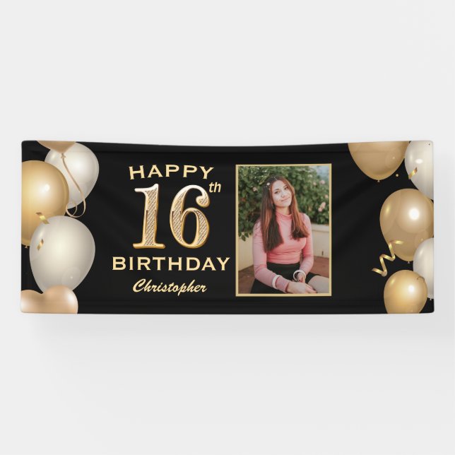 16th Birthday Party Black and Gold Balloons Photo Banner (Horizontal)