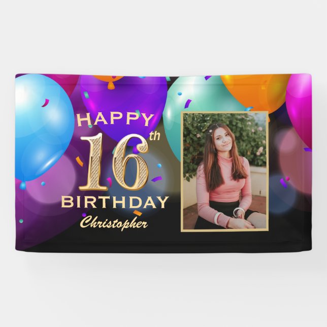 16th Birthday Party Black and Gold Balloons Photo Banner (Horizontal)