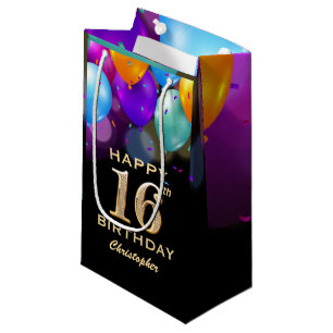 16th Birthday Party Black and Gold Balloons Small Gift Bag