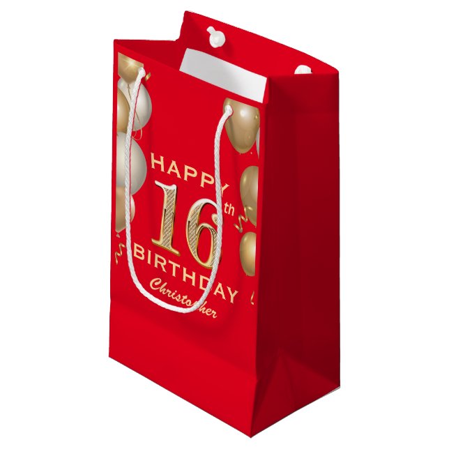 16th Birthday Party Black and Gold Balloons Small  Small Gift Bag (Front Angled)