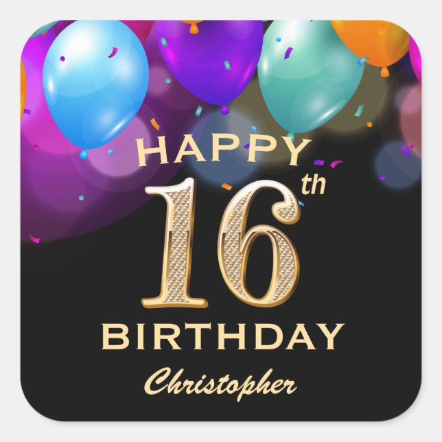 16th Birthday Party Black and Gold Balloons Square Sticker (Front)