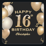 16th Birthday Party Black and Gold Balloons Square Sticker<br><div class="desc">16th Birthday Party Black and Gold Balloons and Confetti Sticker. For further customisation,  please click the "Customise it" button and use our design tool to modify this template.</div>