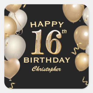 16th Birthday Party Black and Gold Balloons Square Sticker