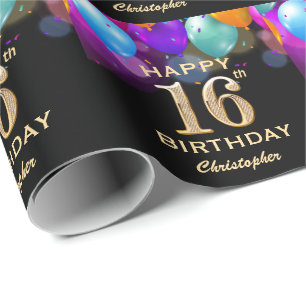 16th Birthday Party Black and Gold Balloons Wrapping Paper