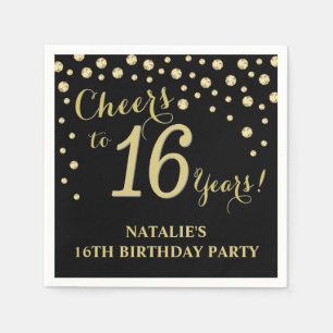 16th Birthday Party Black and Gold Diamond Napkins