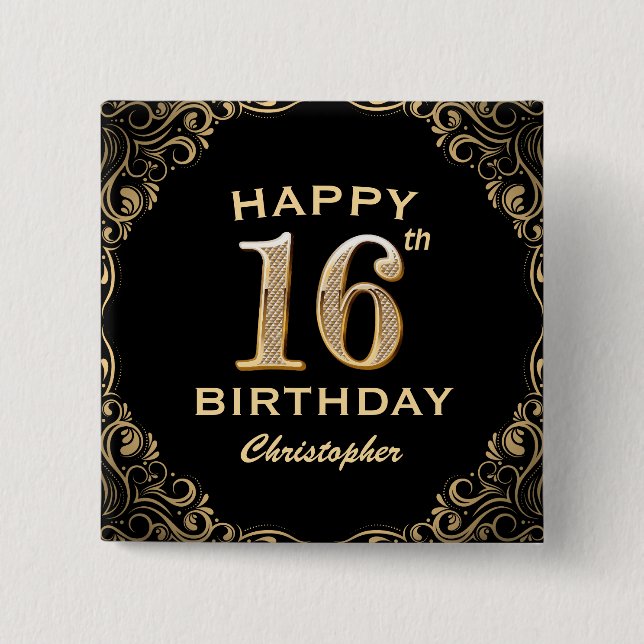 16th Birthday Party Black and Gold Glitter Frame 15 Cm Square Badge (Front)