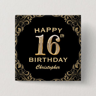 16th Birthday Party Black and Gold Glitter Frame 15 Cm Square Badge