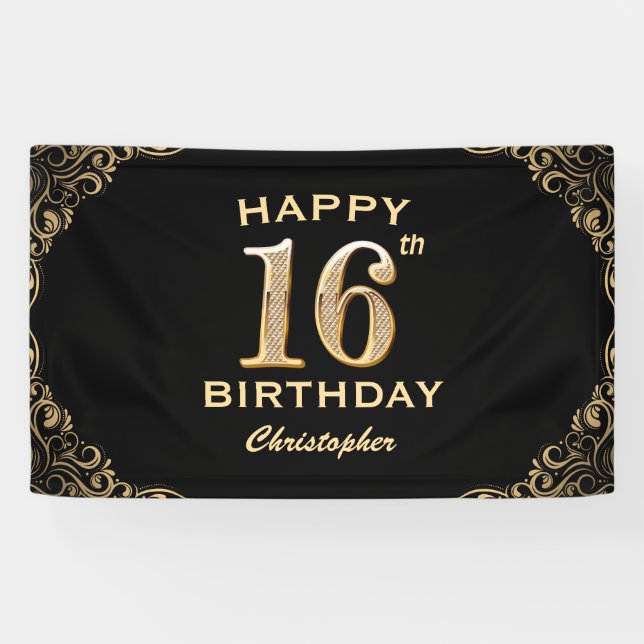 16th Birthday Party Black and Gold Glitter Frame Banner (Horizontal)