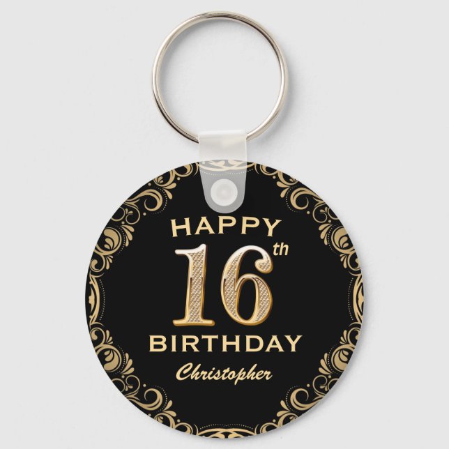 16th Birthday Party Black and Gold Glitter Frame Key Ring (Front)