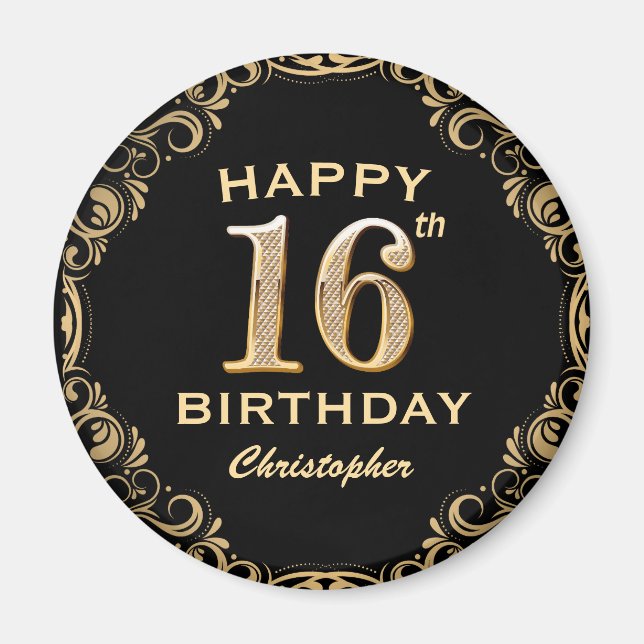 16th Birthday Party Black and Gold Glitter Frame Magnet (Front)
