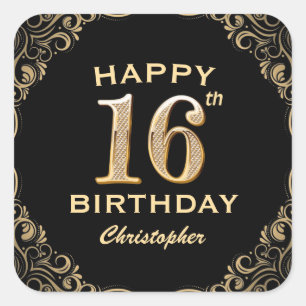 16th Birthday Party Black and Gold Glitter Frame Square Sticker