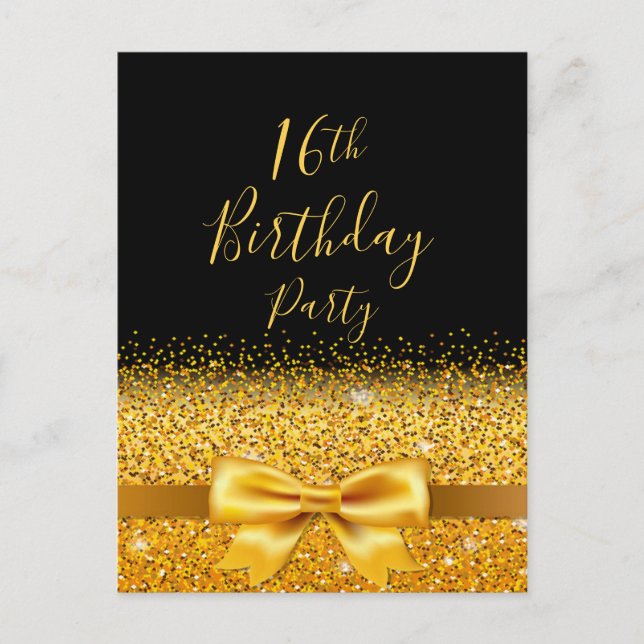 16th birthday party black girlygold bow invitation postcard (Front)