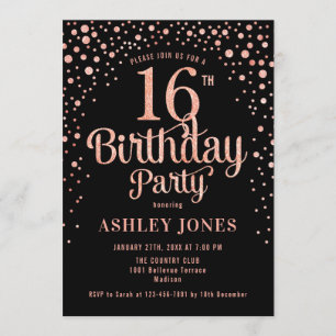 16th Birthday Party - Black & Rose Gold Invitation