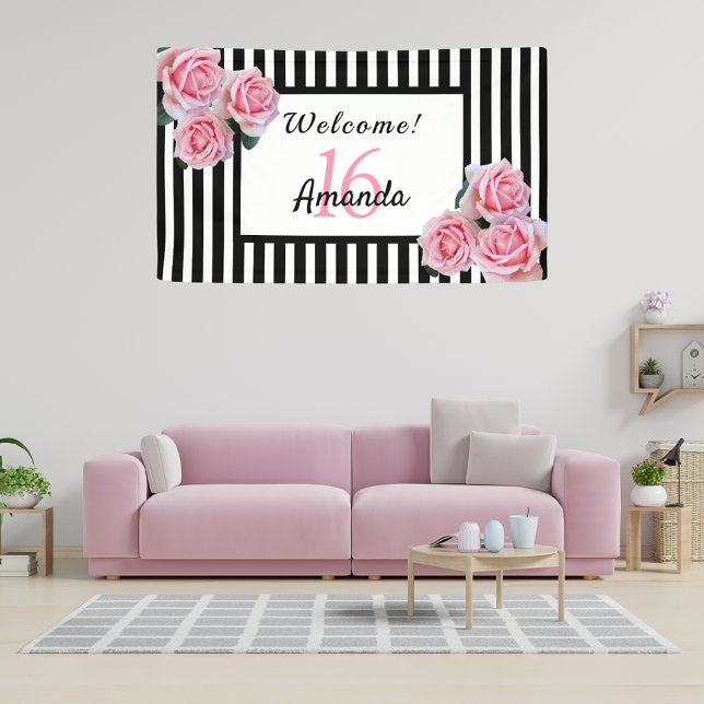 16th birthday party black white stripes florals banner (Creator Uploaded)
