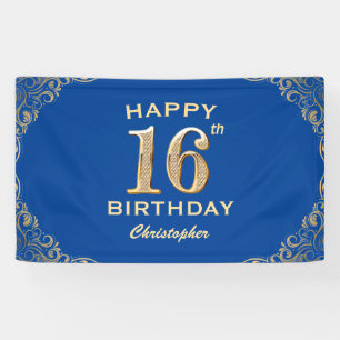 16th Birthday Party Blue and Gold Glitter Frame Banner