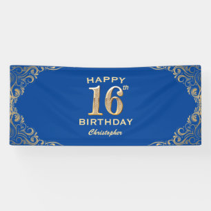 16th Birthday Party Blue and Gold Glitter Frame Banner