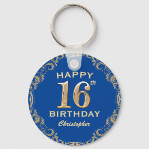 16th Birthday Party Blue and Gold Glitter Frame Key Ring