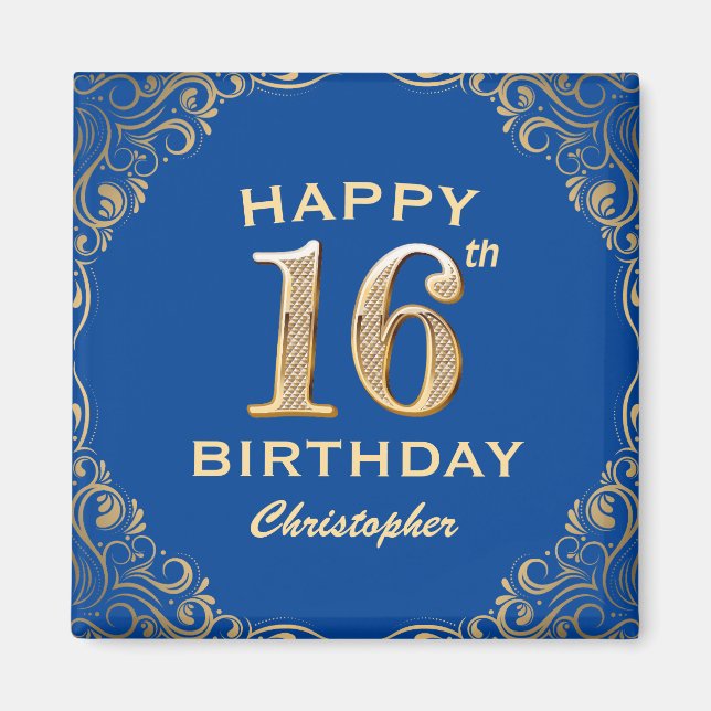 16th Birthday Party Blue and Gold Glitter Frame Magnet (Front)